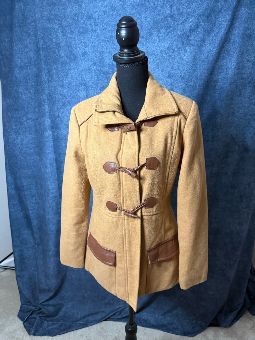 Rampage Camel Toggle Wool-Blend Pea Coat with Brown Trim